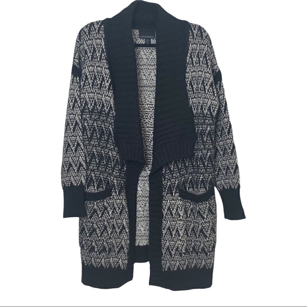 Cynthia Rowley Black & White Print Long Cardigan Open Front Sweater